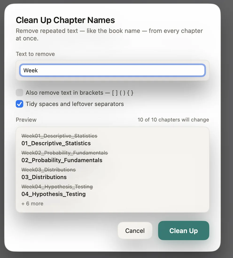 Cleaning up messy chapter names in one step.