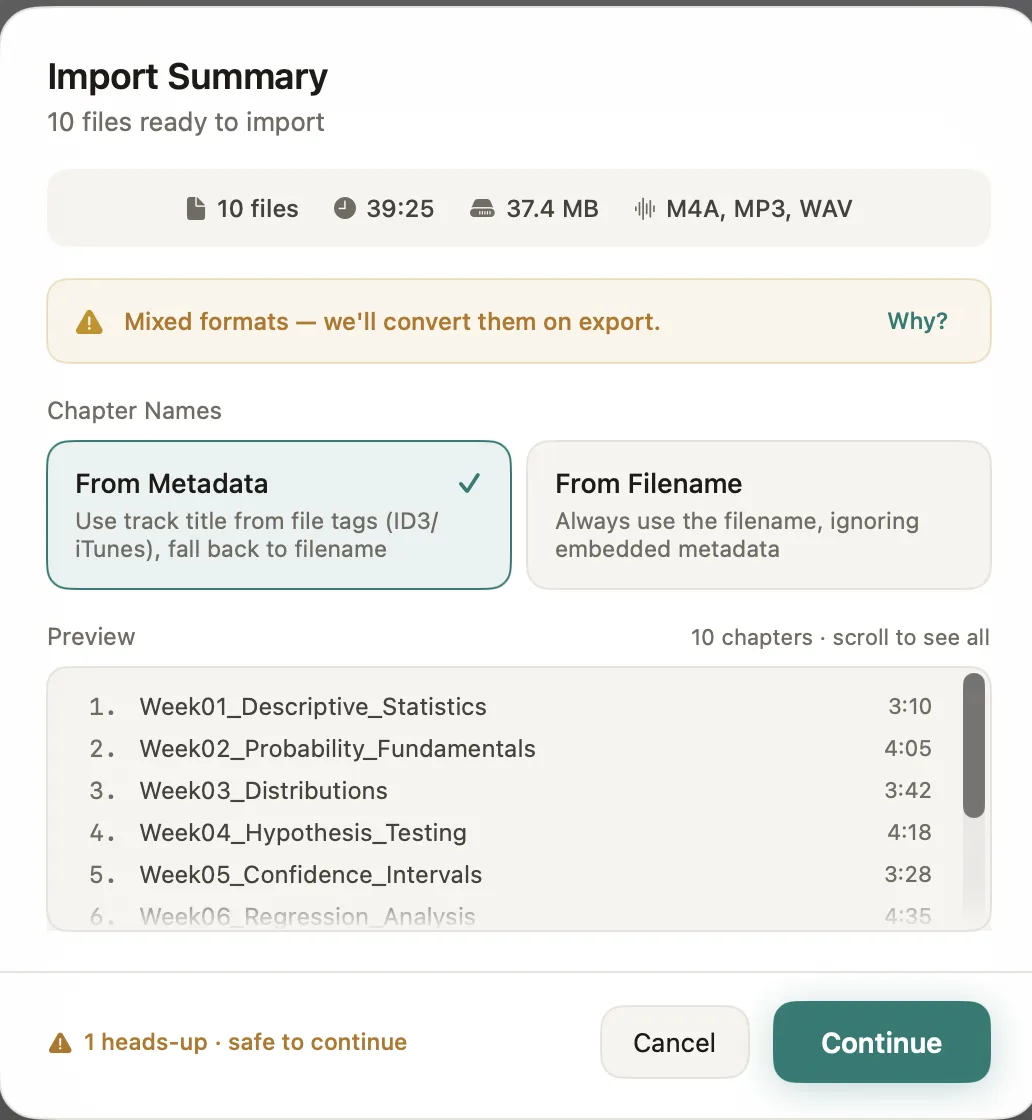 Import summary showing detected files, formats and chapter names.