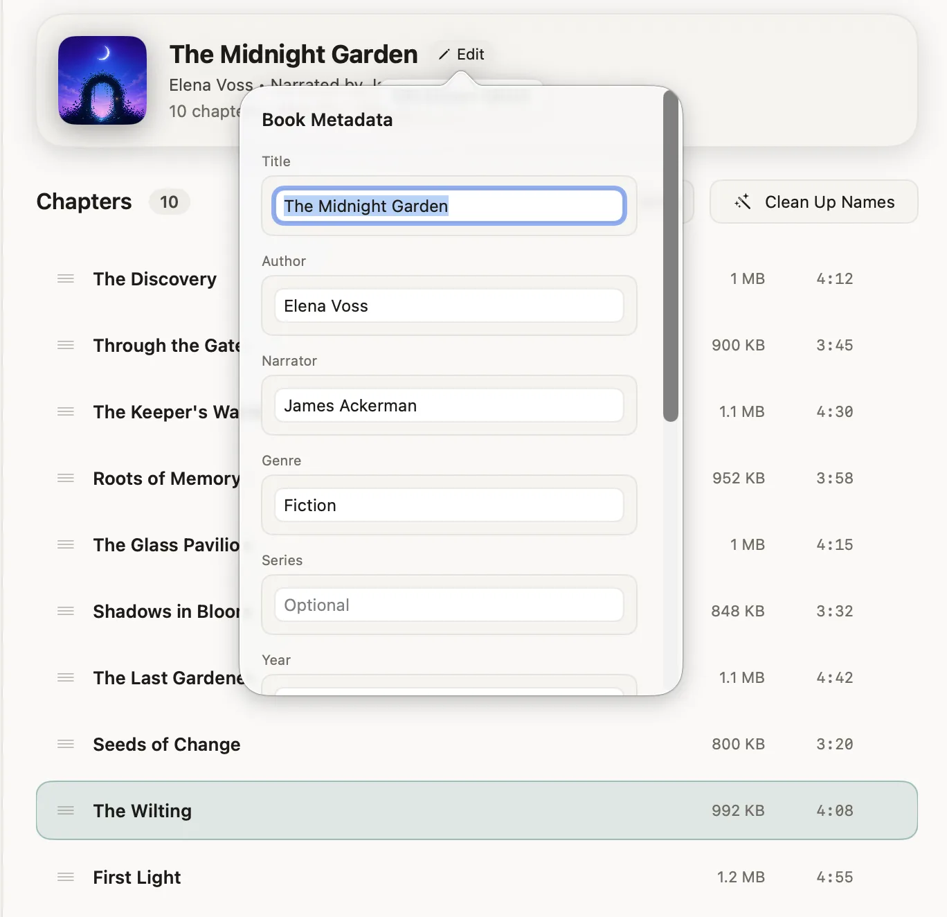 Editing the title, author, narrator and cover for an audiobook.