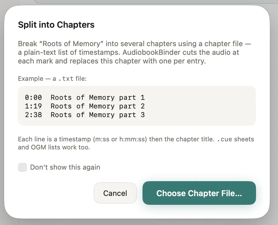 Splitting one long recording into chapters from a timestamp list.