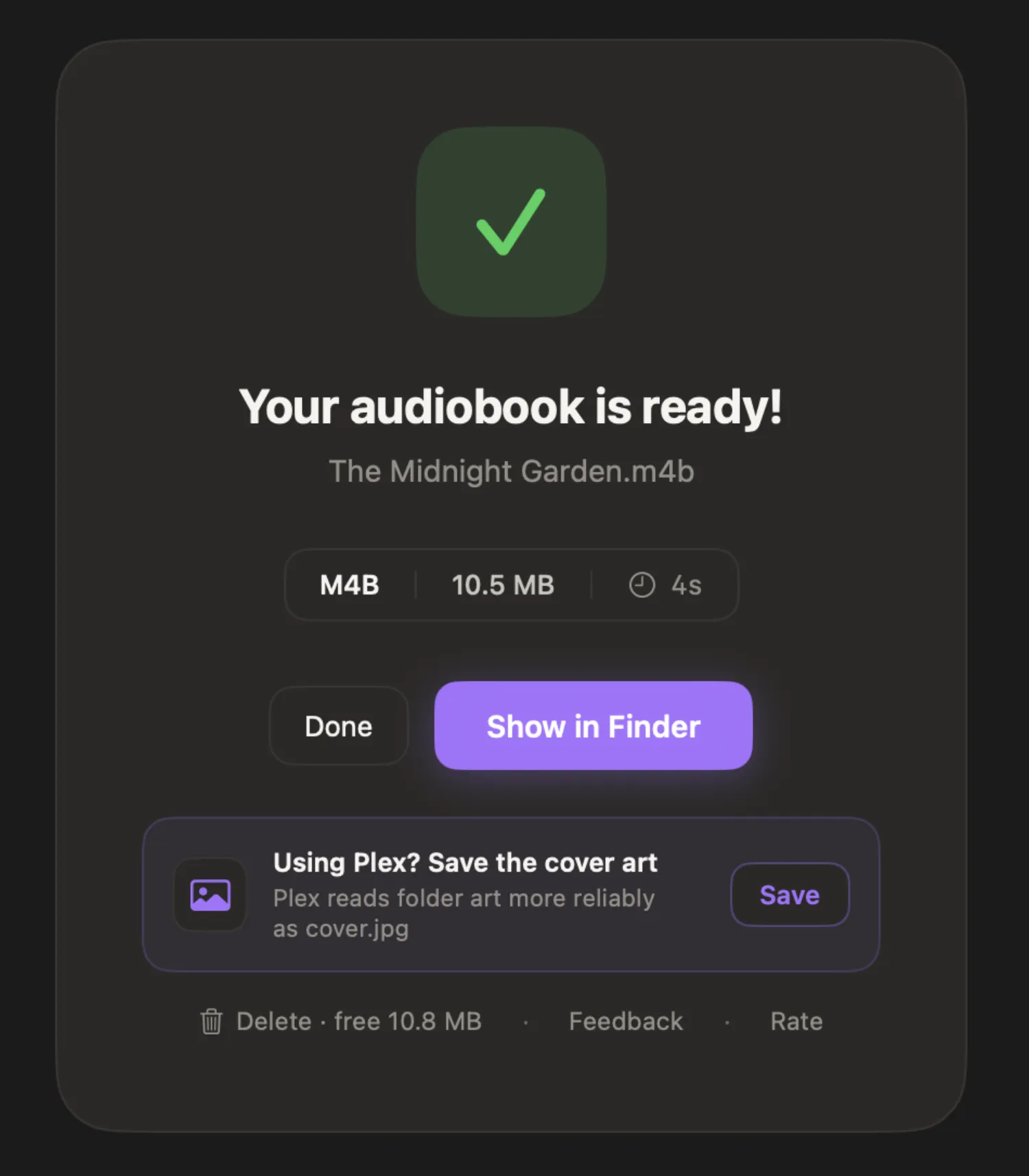 Okno zakończonego eksportu w Audiobook Binder Pro.