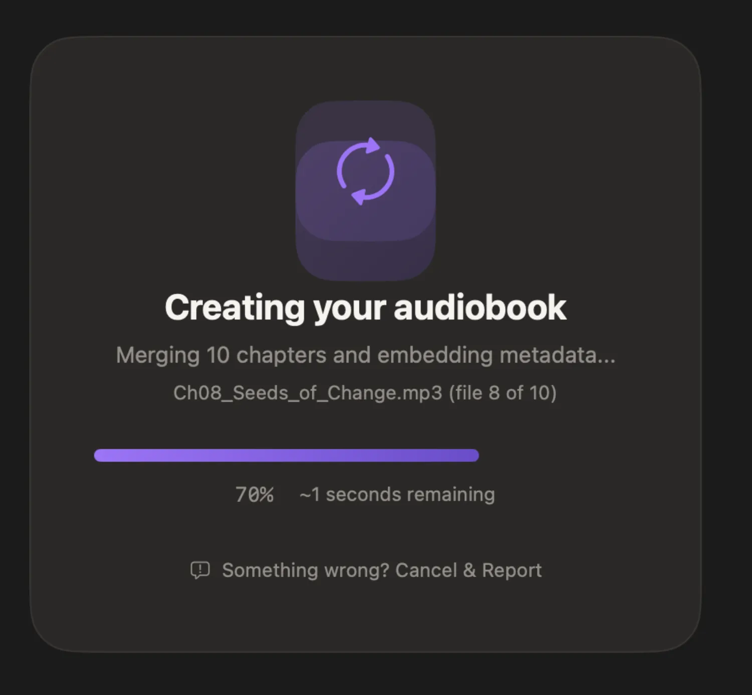Okno postępu eksportu w Audiobook Binder Pro.