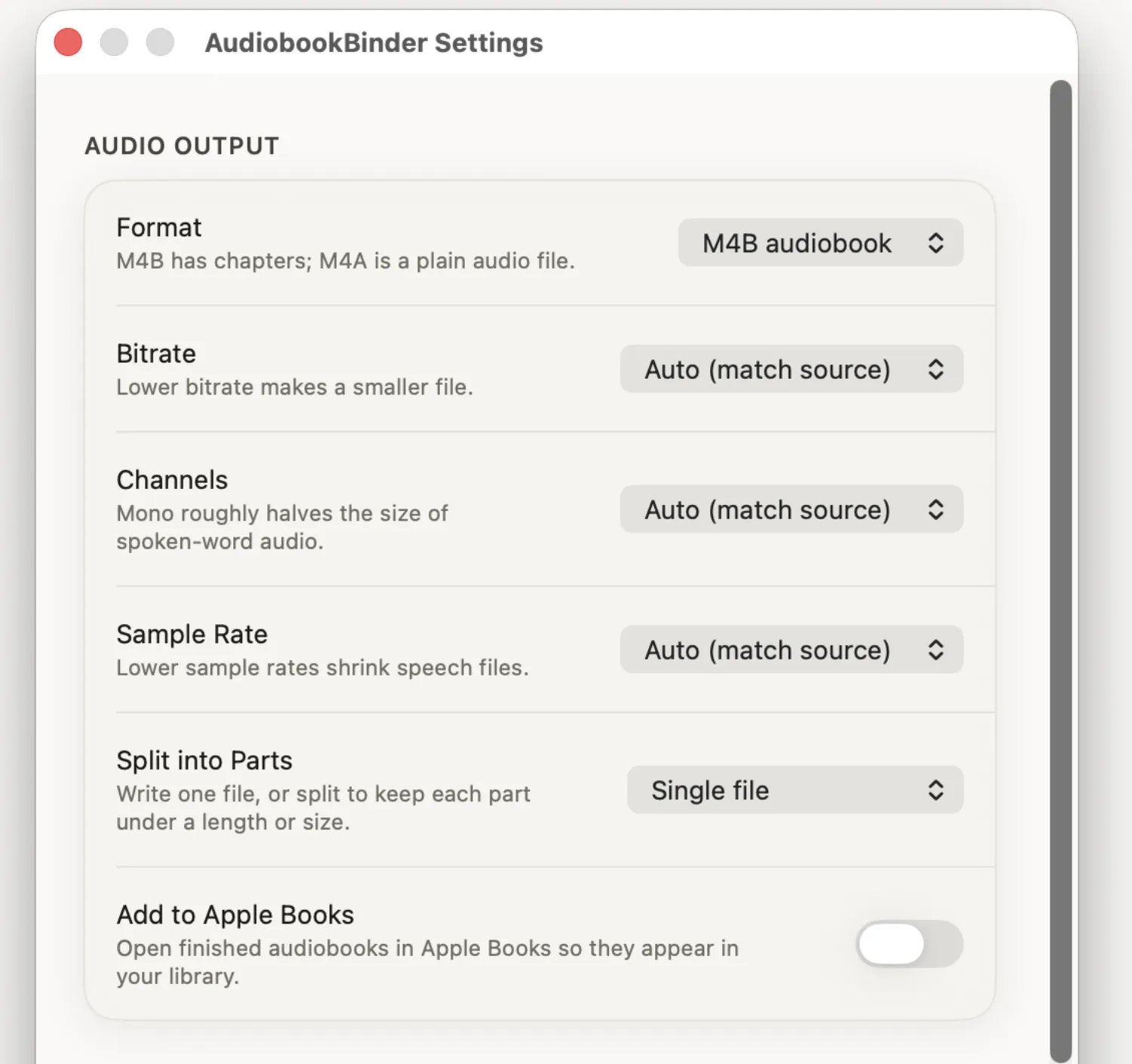 Okno ustawień Audiobook Binder Pro.