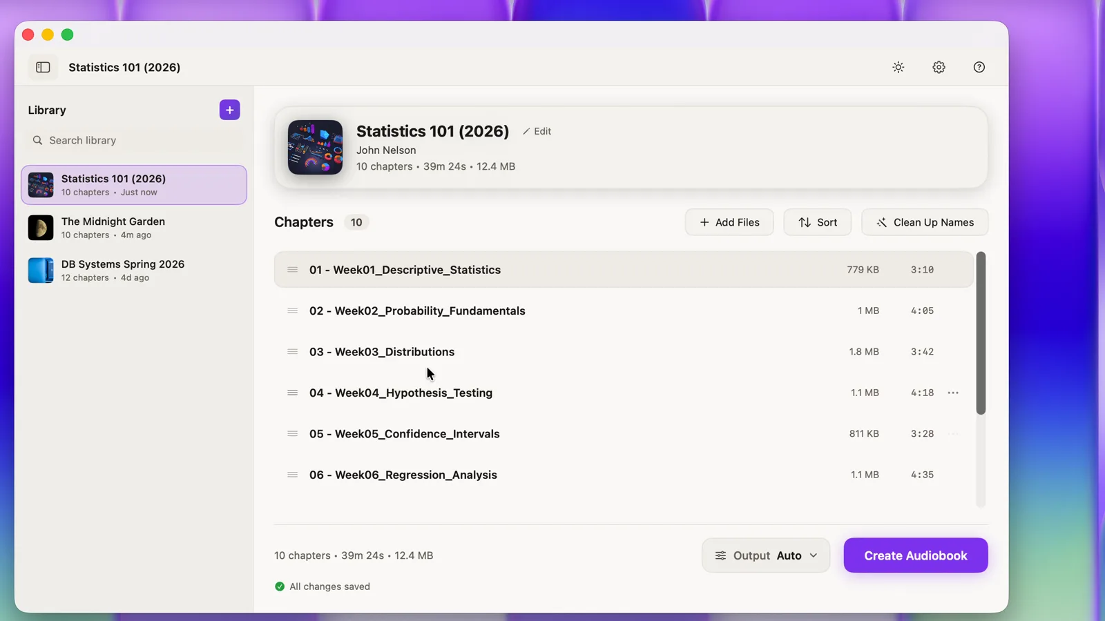 Editing an existing M4B on Mac in Audiobook Binder Pro: metadata, chapter names, cover, and export