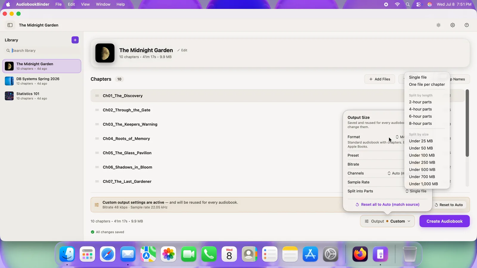 Setting the bitrate, channels, and sample rate in Audiobook Binder Pro, then exporting to M4B